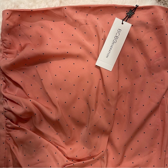 BCBGeneration Watermelon Pink Polka Dot Ruched Slip Asymmetric Skirt - Picture 5 of 10